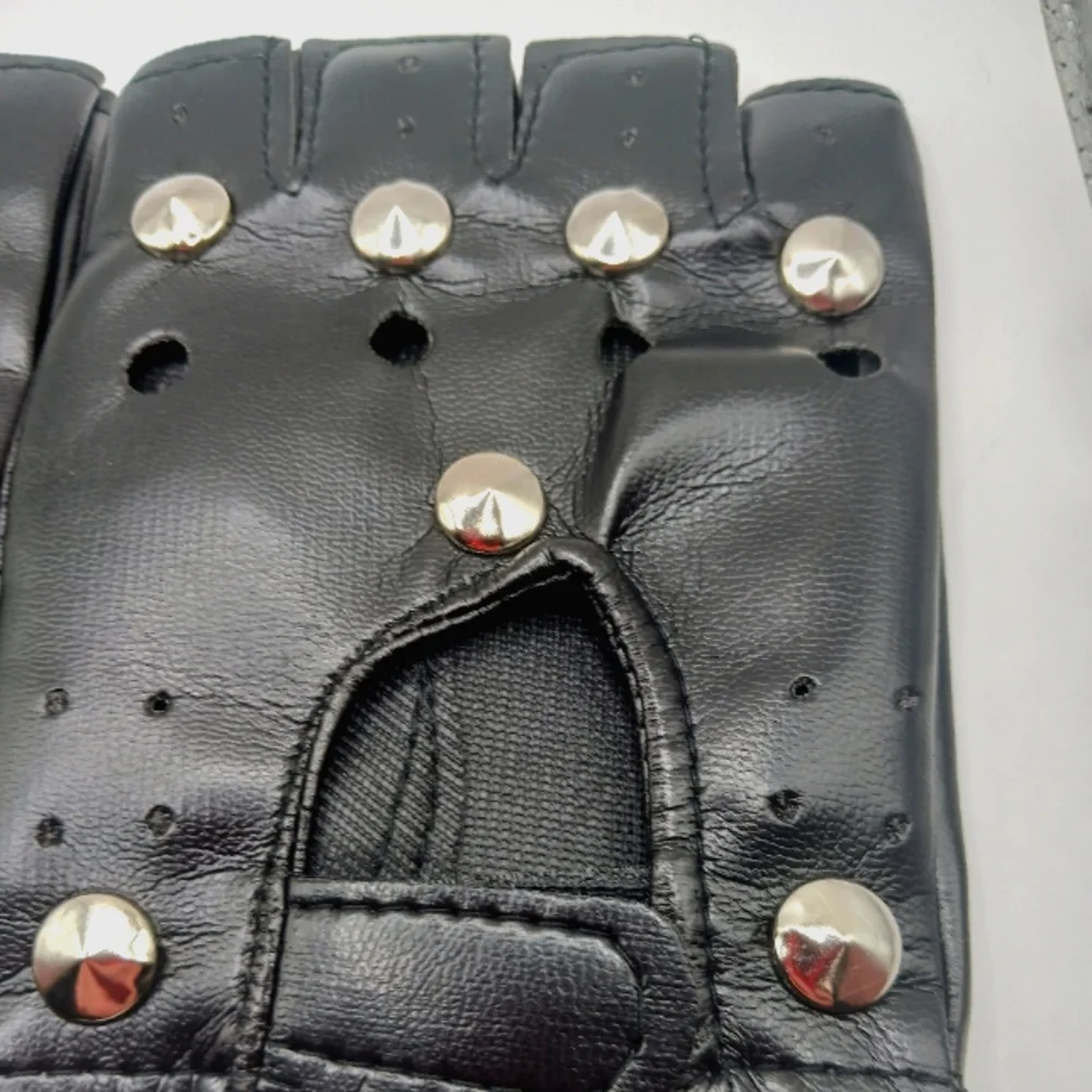 Black Faux Leather Studded + Black Cotton Fingerless Gloves Unisex -New